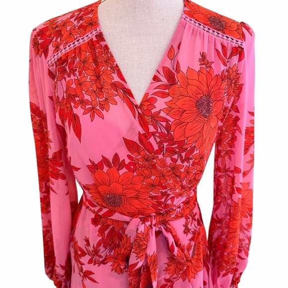 CAbi Pink/Red Chiffon Floral "Drama" Wrap Style Midi Dress #5614 S - Picture 3 of 12